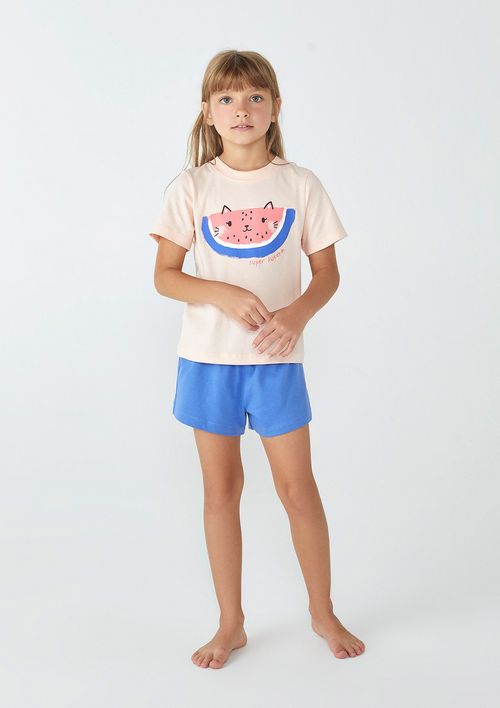 Pijama Infantil Menina Curto Com Estampa - Azul