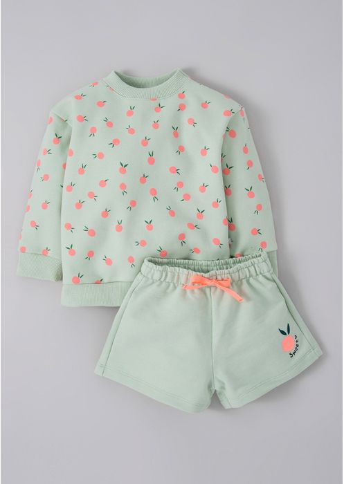 Conjunto Infantil Menina Blusão Frutinhas E Shorts Em Moletom Toddler - Verde