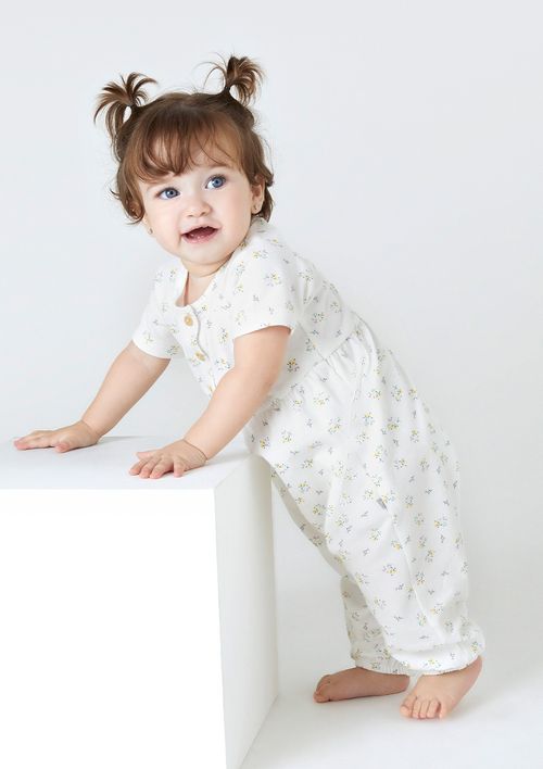 Macacão Bebê Menina Estampado Floral + Faixa De Cabelo - Off White