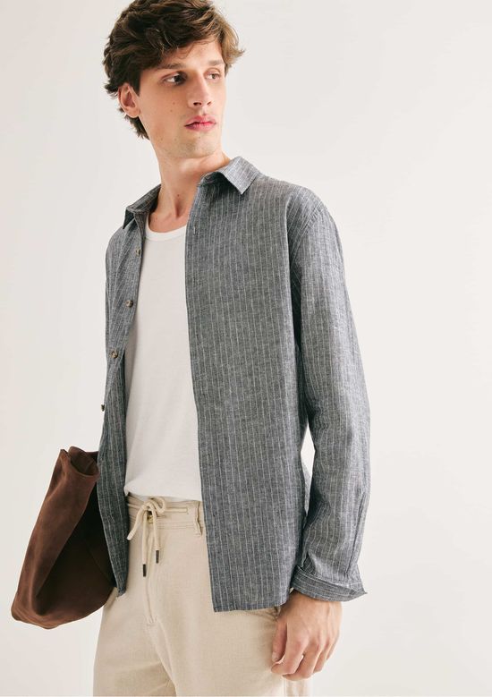 Foto do produto: Camisa Masculina Manga Longa Listrada Em Linho - Cinza