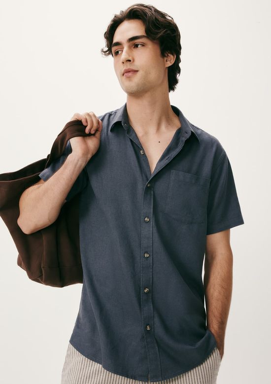 Foto do produto: Camisa Masculina Manga Curta Slim Com Linho - Azul