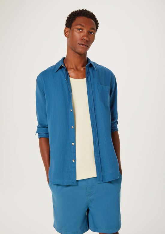 Foto do produto: Camisa Básica Masculina Manga Longa Slim Em Linho - Azul