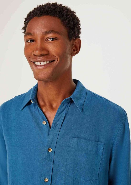Foto do produto: Camisa Básica Masculina Manga Longa Slim Em Linho - Azul