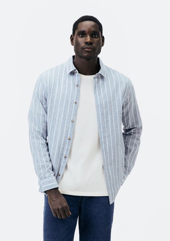 Foto do produto: Camisa Masculina Manga Longa Listrada Em Linho - Azul