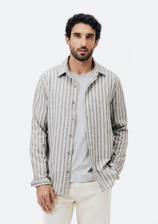 Foto do produto: Camisa Masculina Manga Longa Listrada Em Linho - Cinza