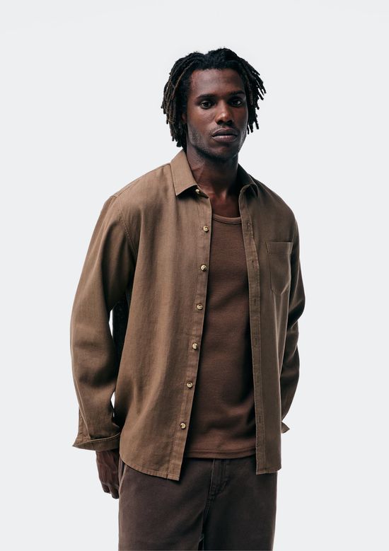 Foto do produto: Camisa Básica Masculina Manga Longa Slim Em Linho - Marrom