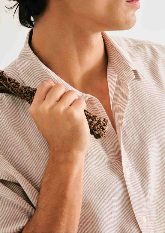 Foto do produto: Camisa Masculina Manga Curta Fio Tinto Listrada Em Linho - Creme