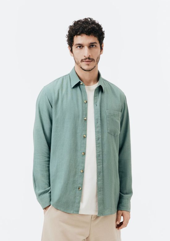 Foto do produto: Camisa Básica Masculina Manga Longa Slim Em Linho - Verde