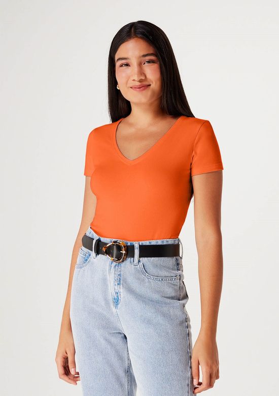 Foto do produto: Blusa Básica Feminina Decote V Com Elastano - Laranja