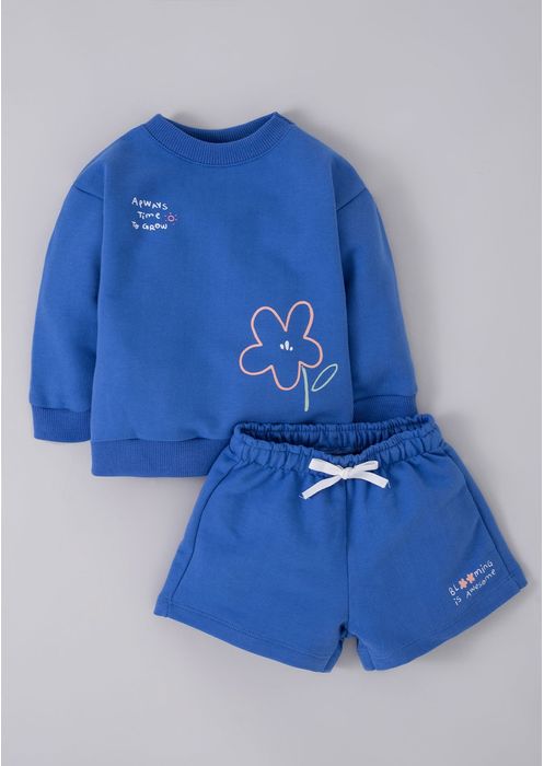 Conjunto Infantil Menina Blusão Flor E Shorts Em Moletom Toddler - Azul