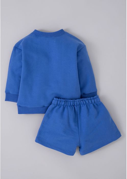 Conjunto Infantil Menina Blusão Flor E Shorts Em Moletom Toddler - Azul
