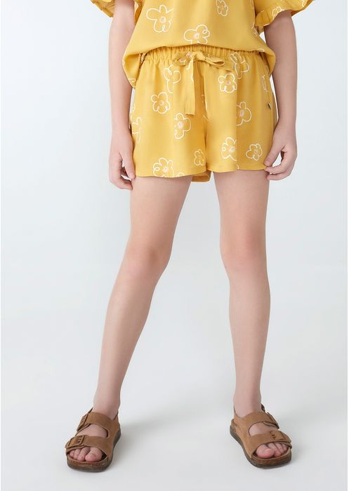Shorts Infantil Menina Em Tecido Estampado Floral - Amarelo