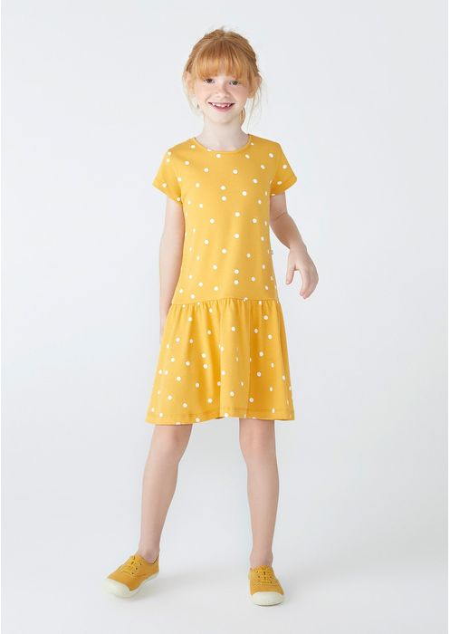 Vestido Curto Infantil Menina Estampado Poá - Amarelo