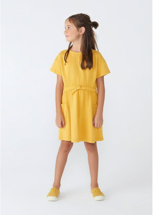 Vestido Curto Infantil Básico Com Bolsos - Amarelo