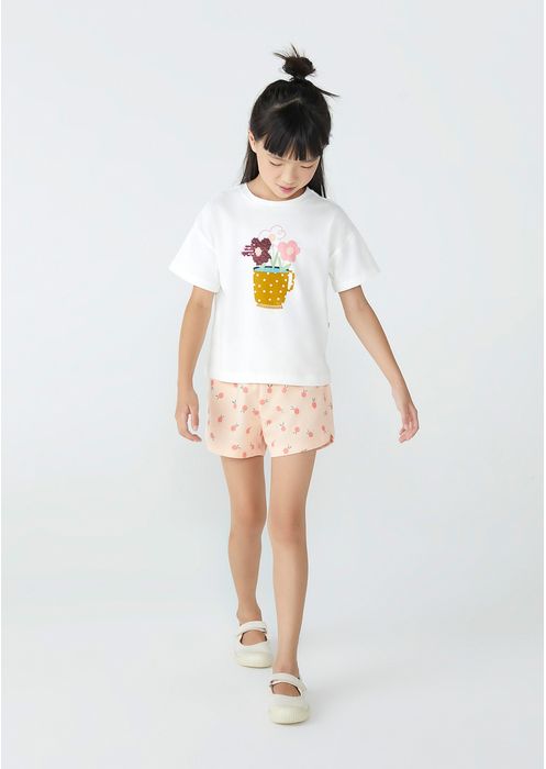 Conjunto Infantil Menina Manga Curta Com Estampa Frutinhas E Paetês - Off White