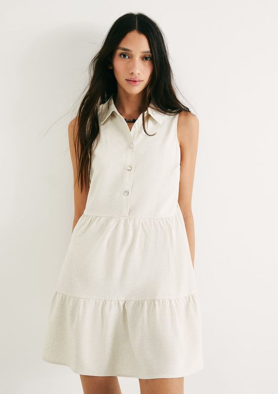 Foto do produto: Vestido Curto Evasê Com Botões E Recortes - Bege