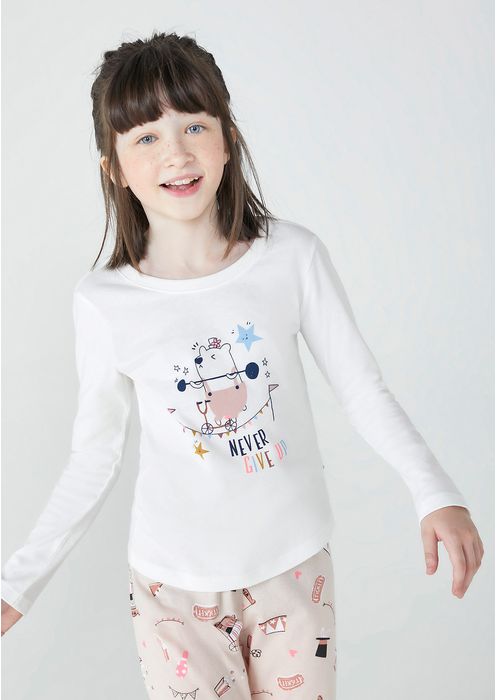 Pijama Infantil Menina Longo Estampado - Off White