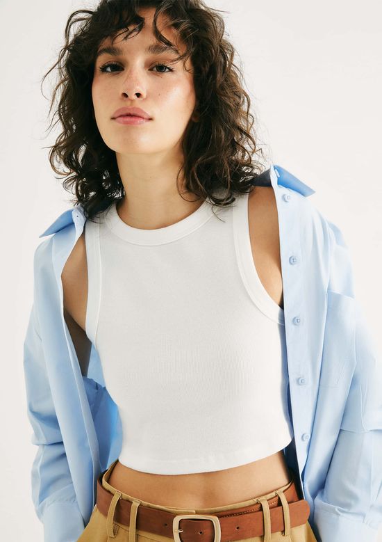 Foto do produto: Regata Feminina Cropped Decote Halter Neck Em Ribana Canelada - Off white