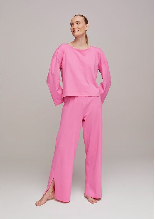 Pijama Feminino Longo Em Malha De Algodão - Rosa Chiclete