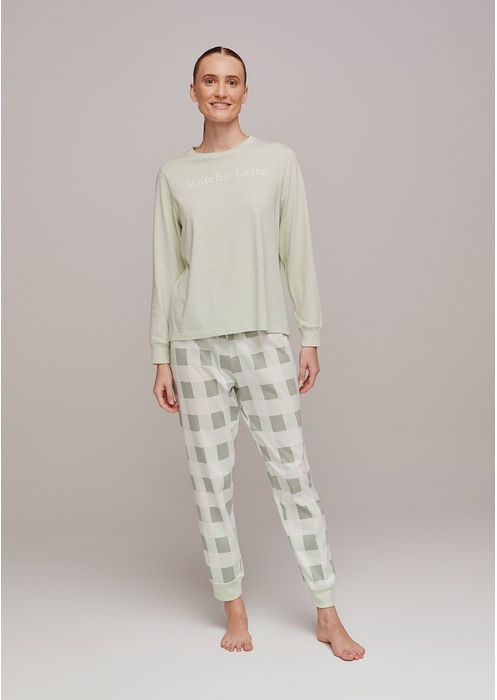 Pijama Longo Feminino Com Estampa Xadrez - Verde Claro