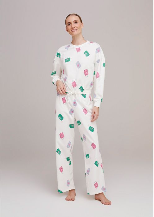 Pijama Longo Estampado Feminino Em Moletinho - Off White