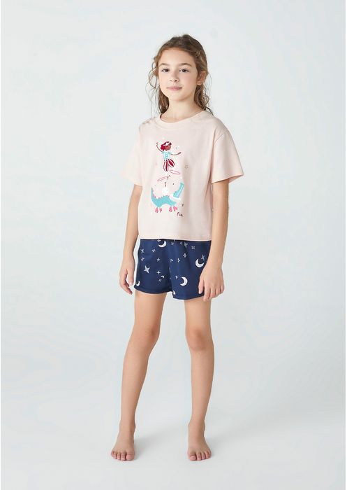 Pijama Infantil Menina Curto Em Malha De Algodão - Rosa Claro