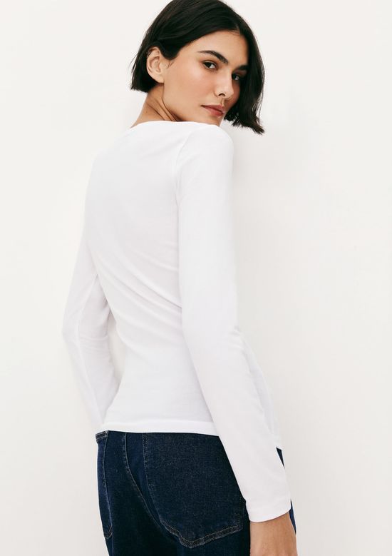 Foto do produto: Blusa Básica Feminina Manga Longa Slim Decote V - Branco