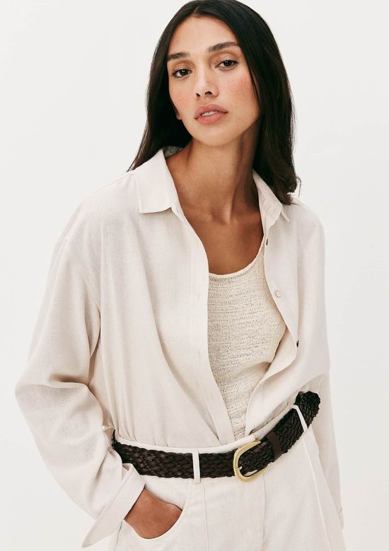 Foto do produto: Camisa Feminina Manga Longa Oversized Em Linho - Off white