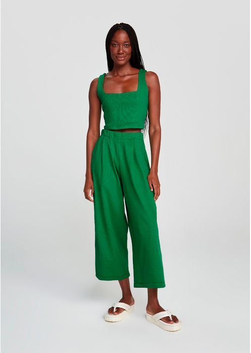 Calça Básica Feminina Ampla Cintura Alta Com Amarração - Verde