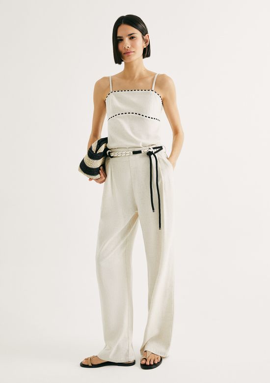 Foto do produto: Calça Feminina Reta Em Viscolinho Com Cinto - Off white