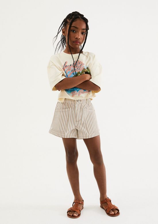 Foto do produto: Shorts Infantil Menina Listrado Em Sarja - Creme