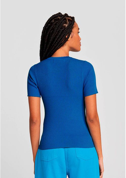 Blusa Básica Feminina Em Tricô Canelado - Azul