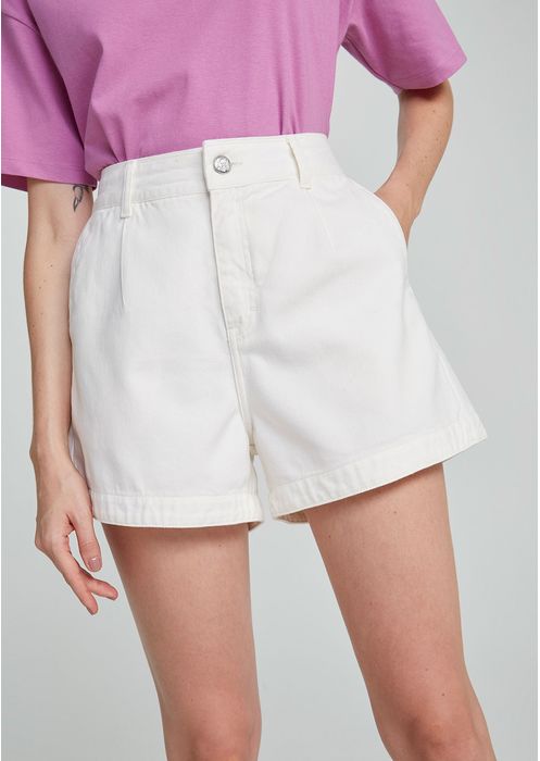 Shorts Em Sarja Feminino Cintura Alta - Off-white