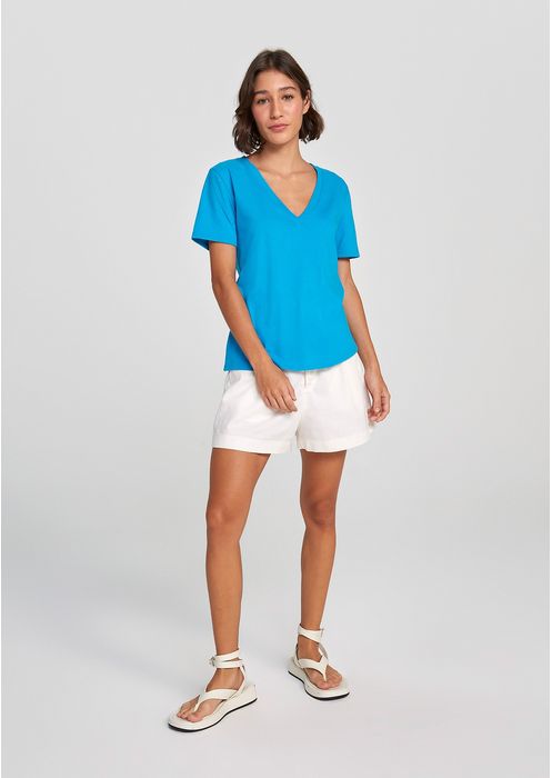 Blusa Básica Feminina Em Algodão Com Decote V - Azul Médio
