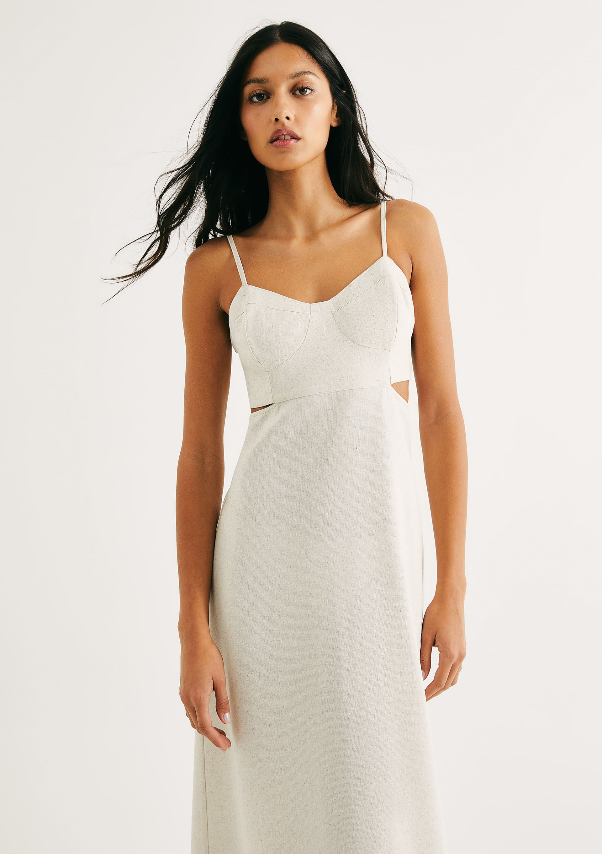 Vestido Midi Evasê Com Lastex Em Linho - Off white | Hering