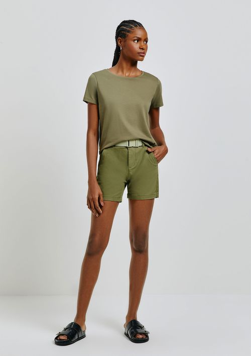 Shorts Básico Feminino Chino Cintura Média Em Sarja - Verde