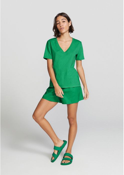 Blusa Básica Feminina Em Algodão Com Decote V - Verde