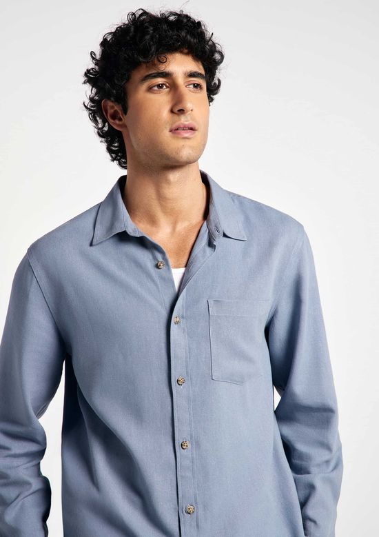 Foto do produto: Camisa Básica Masculina Manga Longa Slim Em Linho - Azul