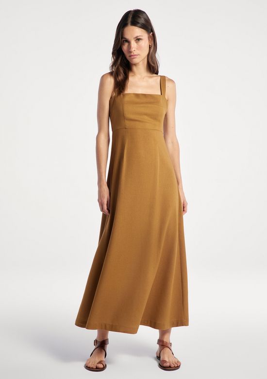 Foto do produto: Vestido Midi Evasê Alças Médias Rústico Com Linho - Marrom