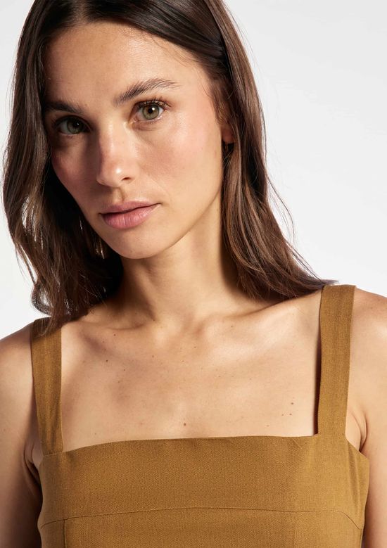 Foto do produto: Vestido Midi Evasê Alças Médias Rústico Com Linho - Marrom