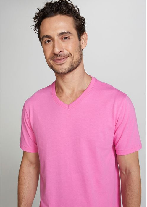 Camiseta Básica Masculina Manga Curta Com Decote V World - Rosa