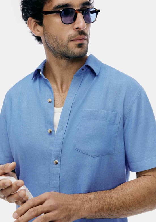 Foto do produto: Camisa Básica Masculina Manga Curta Slim Em Linho - Azul