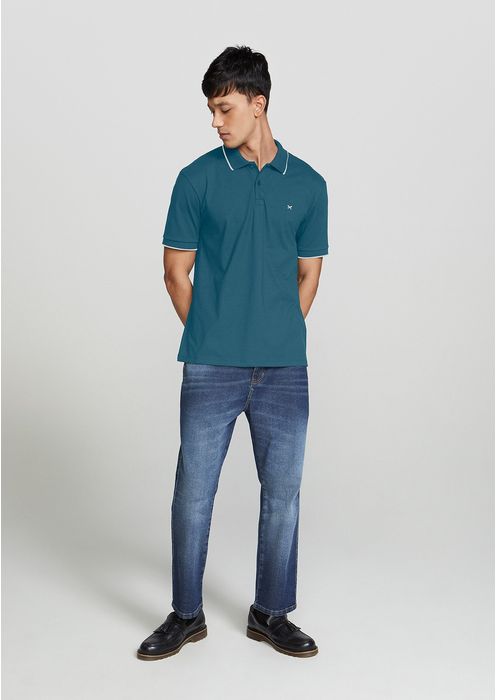 Camisa Polo Básica Masculina Em Malha De Algodão Com Bordado - Azul Médio