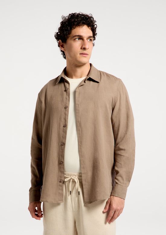 Foto do produto: Camisa Masculina Manga Longa Slim Com Linho - Marrom