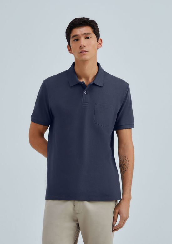 Foto do produto: Camisa Polo Básica Masculina Em Piquet Com Bolso - Azul
