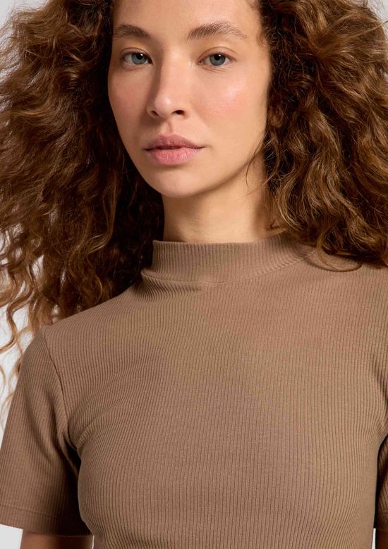 Foto do produto: Blusa Feminina Gola Alta Em Ribana Canelada - Bege