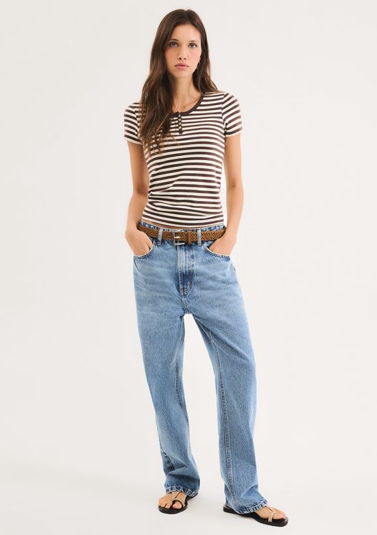 Foto do produto: Blusa Feminina Listrada Em Malha Binada Com Botões - Marrom