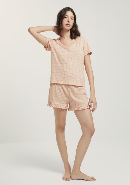 Foto do produto: Pijama Curto Feminino Estampado Decote V - Rosa