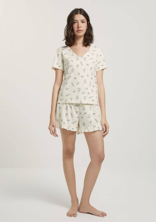 Foto do produto: Pijama Curto Feminino Estampado Decote V - Creme