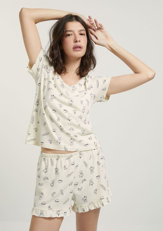 Foto do produto: Pijama Curto Feminino Estampado Decote V - Creme